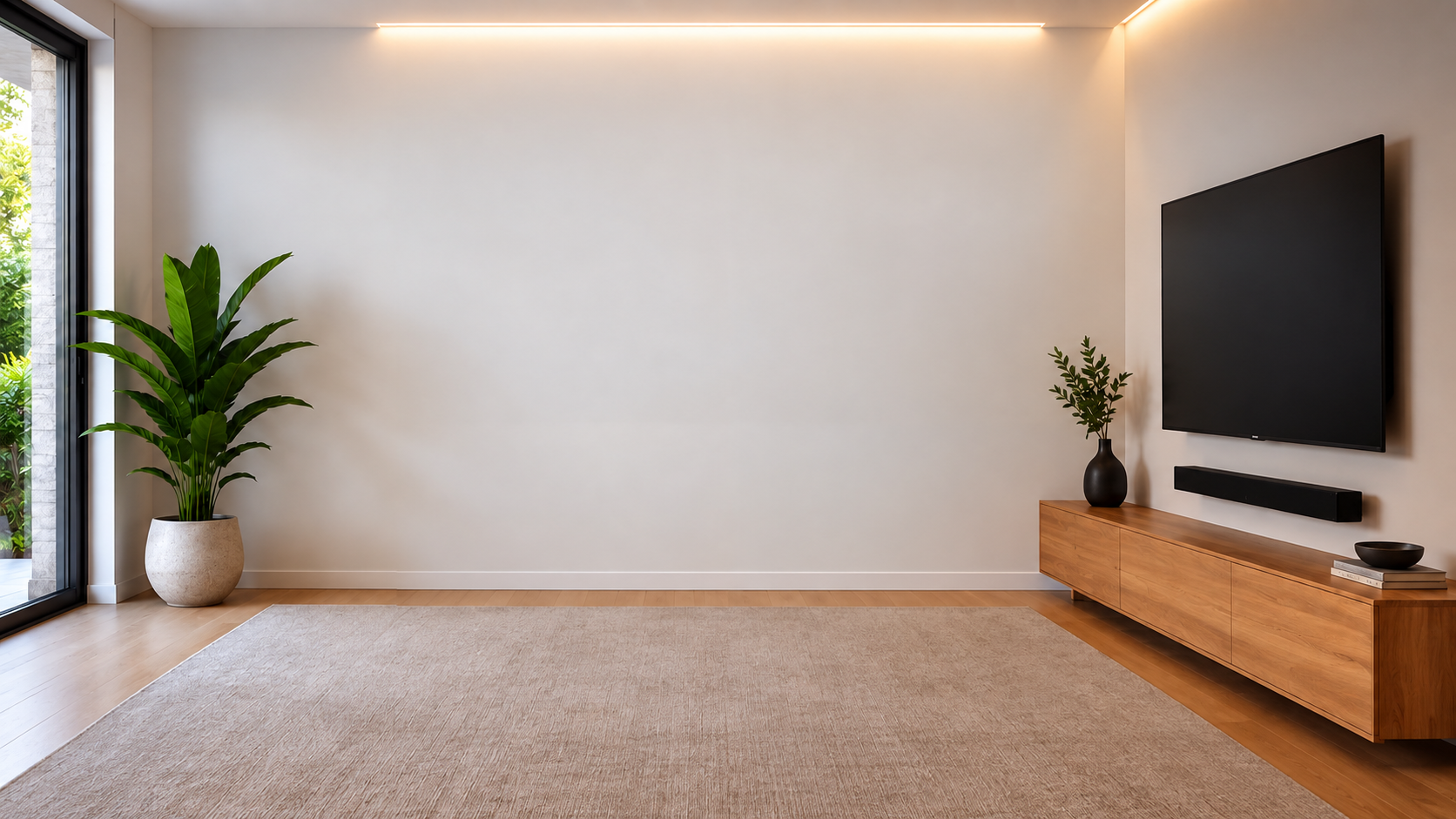Modern living room with a wall mounted TV